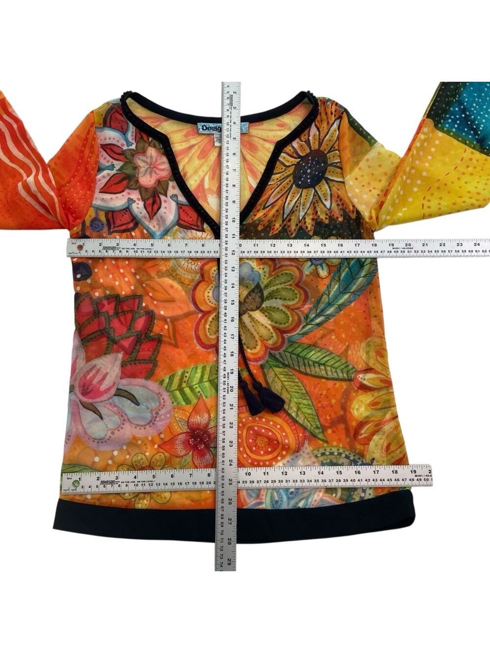 Desigual sheer festive top 3/4 sleeves floral Pom Pom V neckline orange yellow - Picture 13 of 16